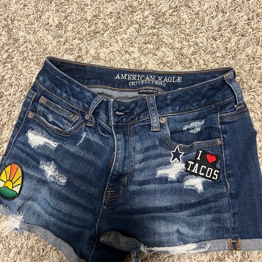 American Eagle Outfitters Dark Blue Distressed Denim Shorts with Patch Accents